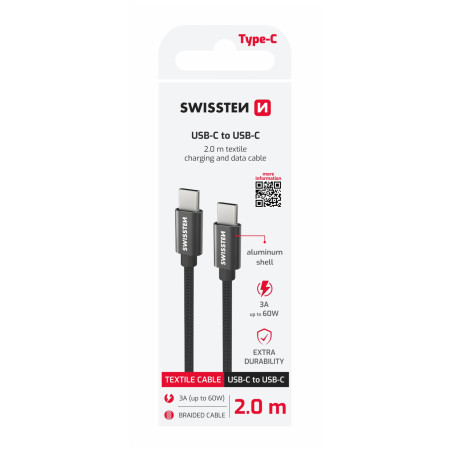 Lade- und Datenkabel Swissten Textile USB-C / USB-C 2 m schwarz černá
