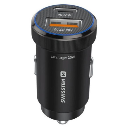 Adapter Swissten Mini Car Charger USB-C PD + USB-A, 20W + cabel USB-C / USB-C, 1 m