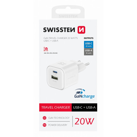 Ladegerät Swissten TRAVEL CHARGER GaN 1x USB-C 20W PD AND 1x USB-A 18W QC