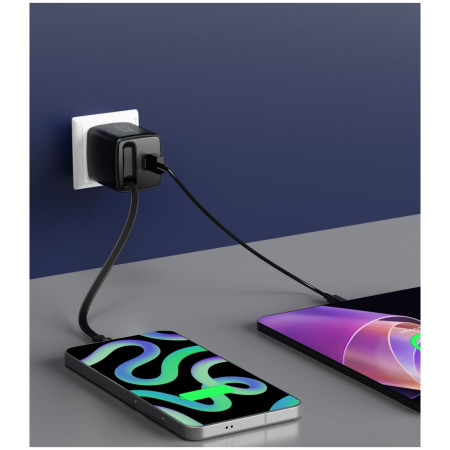 Adapter Swissten SlideCharge Gan 45W, 1X USB-A 18W + kabel USB-C 0,75 m