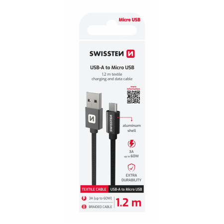 Lade- und Datenkabel Swissten Textile USB / Micro USB 1,2 m schwarz černá