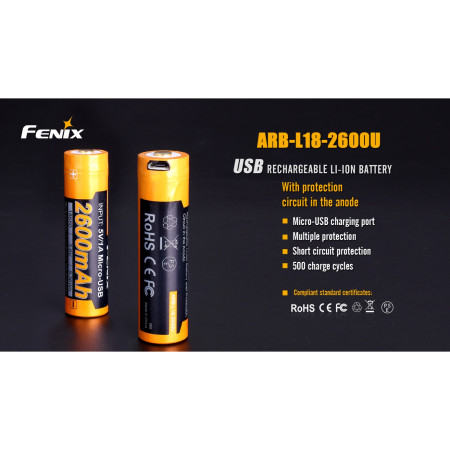 Wiederaufladbare Batterien Fenix 18650 2600 mAh USB Li-ion