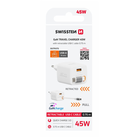 Adapter Swissten SlideCharge Gan 45W, 1X USB-A 18W + kabel USB-C 0,75 m