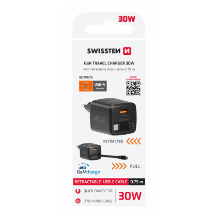 Adapter Swissten SlideCharge Gan 30W, 1X USB-A 18W